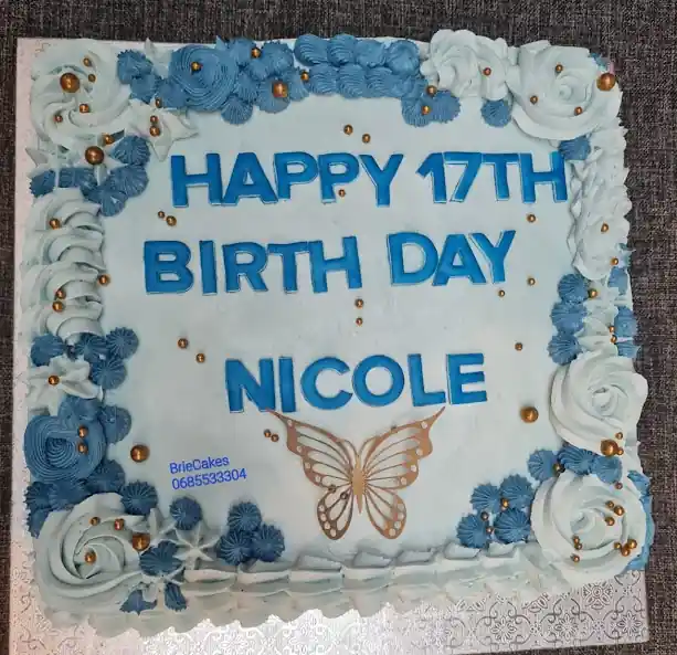 Blue and white seventeenth birthday sheet cake by Brie Cakes